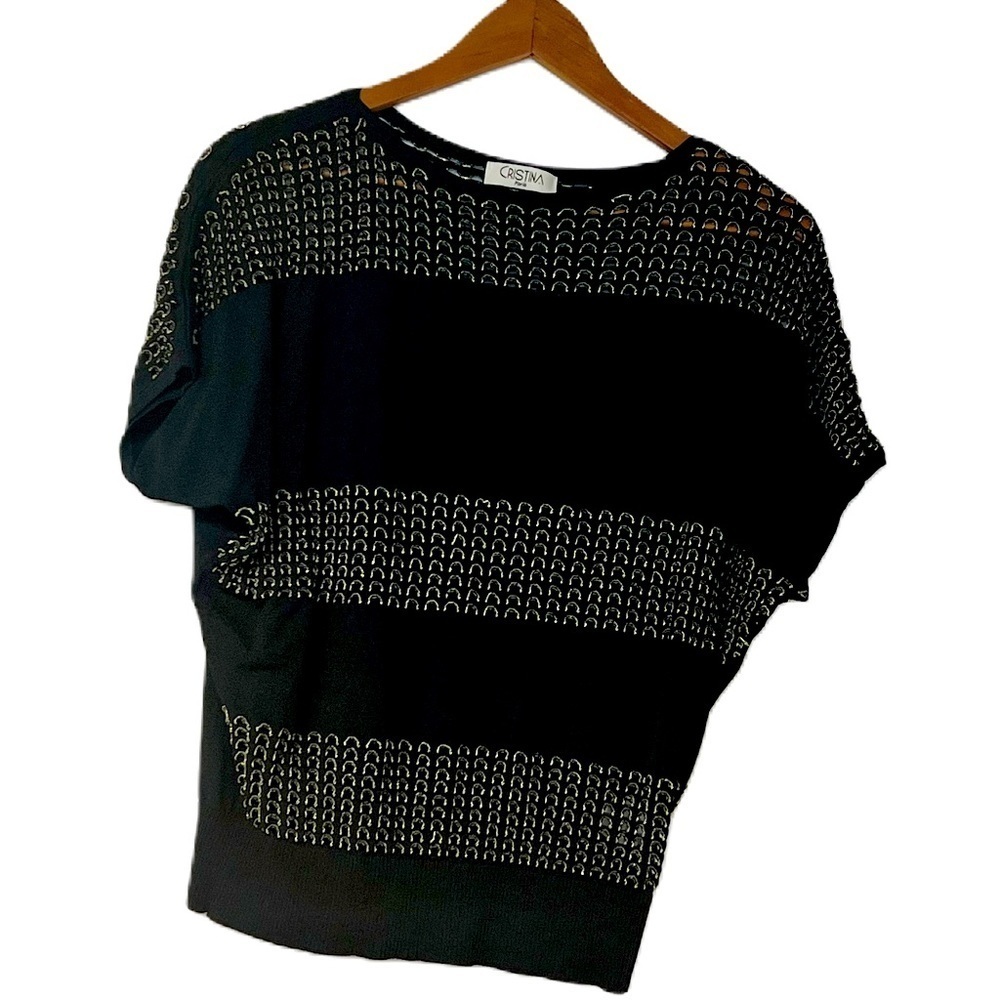 Christina Paris Black & Silver Knit short-sleeve Sweater L mesh cropped casual
